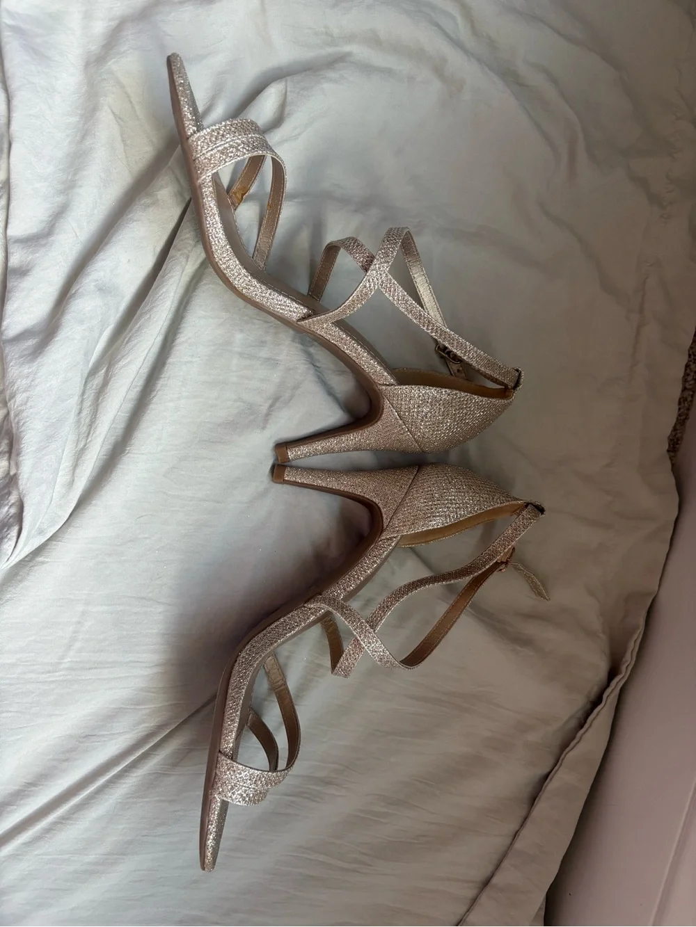 Strappy Glitter Ankle-Wrap Heels in Champagne
